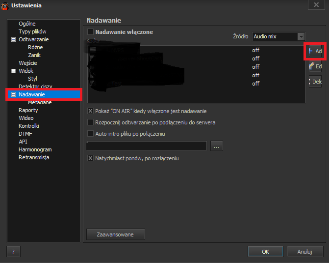 Zrzut przedstawia sposób dodania nowego serwera do nadawania